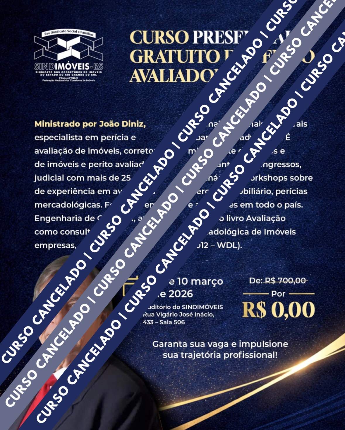 Cancelado Curso Presencial e Gratuito de Perito Avaliador